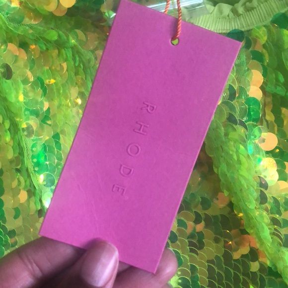 RHODE Dali sequin  off the shoulder puff sleeves party dress chartreuse size 2 - Picture 7 of 8